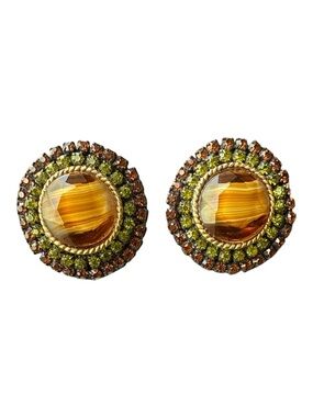 Vintage HAR Hargo Creations Rhinestone Tiger Eye Glass Clip Earrings